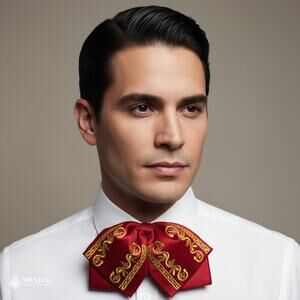 Red Mexican Embroidered Charro Moño – Traditional Satin Mariachi Bow Tie